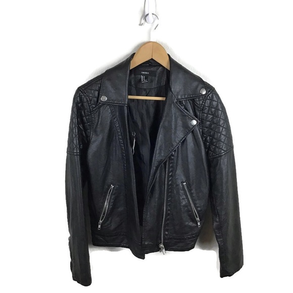 Forever 21 Faux Leather Jacket M Black Moto Biker Zip Up Coat Women’s - Picture 4 of 10